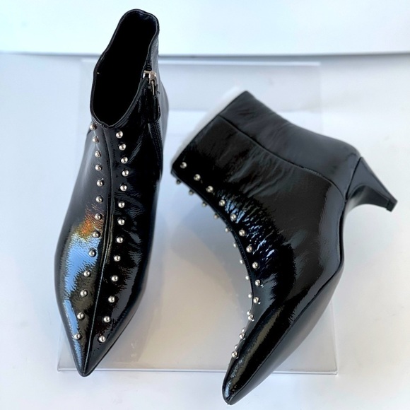 Nine West Black Patent Leather Ankle Boots Kitten Heels Studs Pointed Toe, 5M - Picture 3 of 10